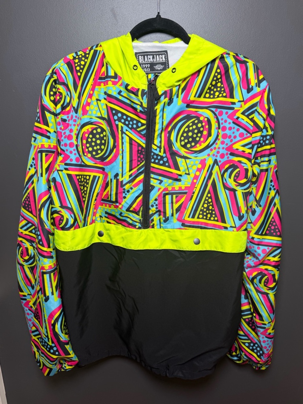 Blackjack 1999 USA Neon Geometric Hooded Pullover Windbreaker Jacket Size Large‎